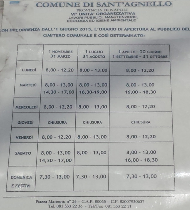 Orari apertura cimitero di Sant'Agnello